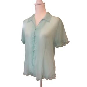 NOTATIONS sheer TURQUOISE RUFFLED button up top womens size large